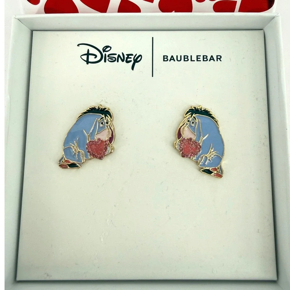 Disney BaubleBar Eeyore Heart Stud Earrings Winnie the Pooh Enamel Gold Tone NEW